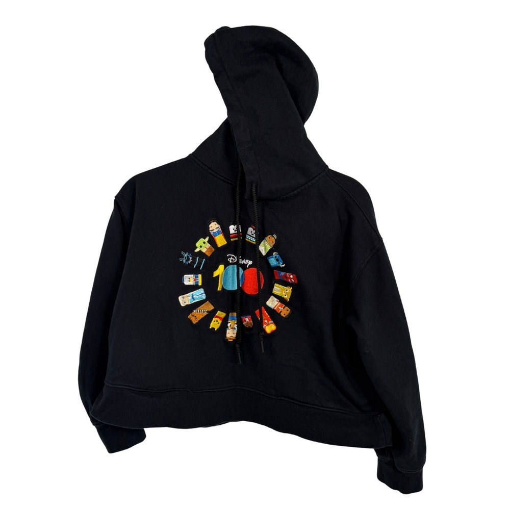 Disney 100 Years of Wonder Black Cropped Hoodie Sweatshirt Embroidered Large